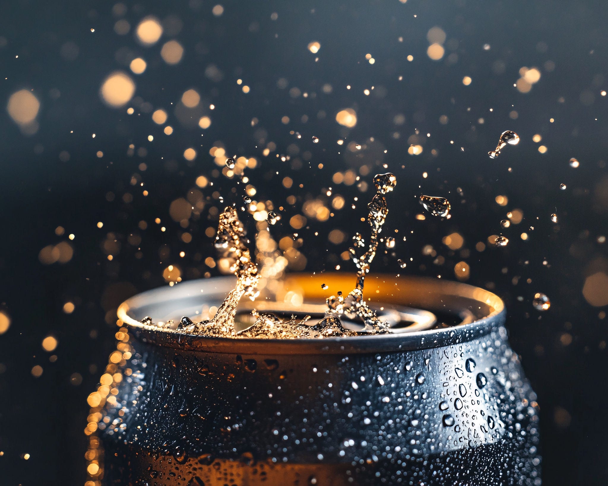 Unique Perspective of a Fizzing Soda Can Creating an Energetic Spray