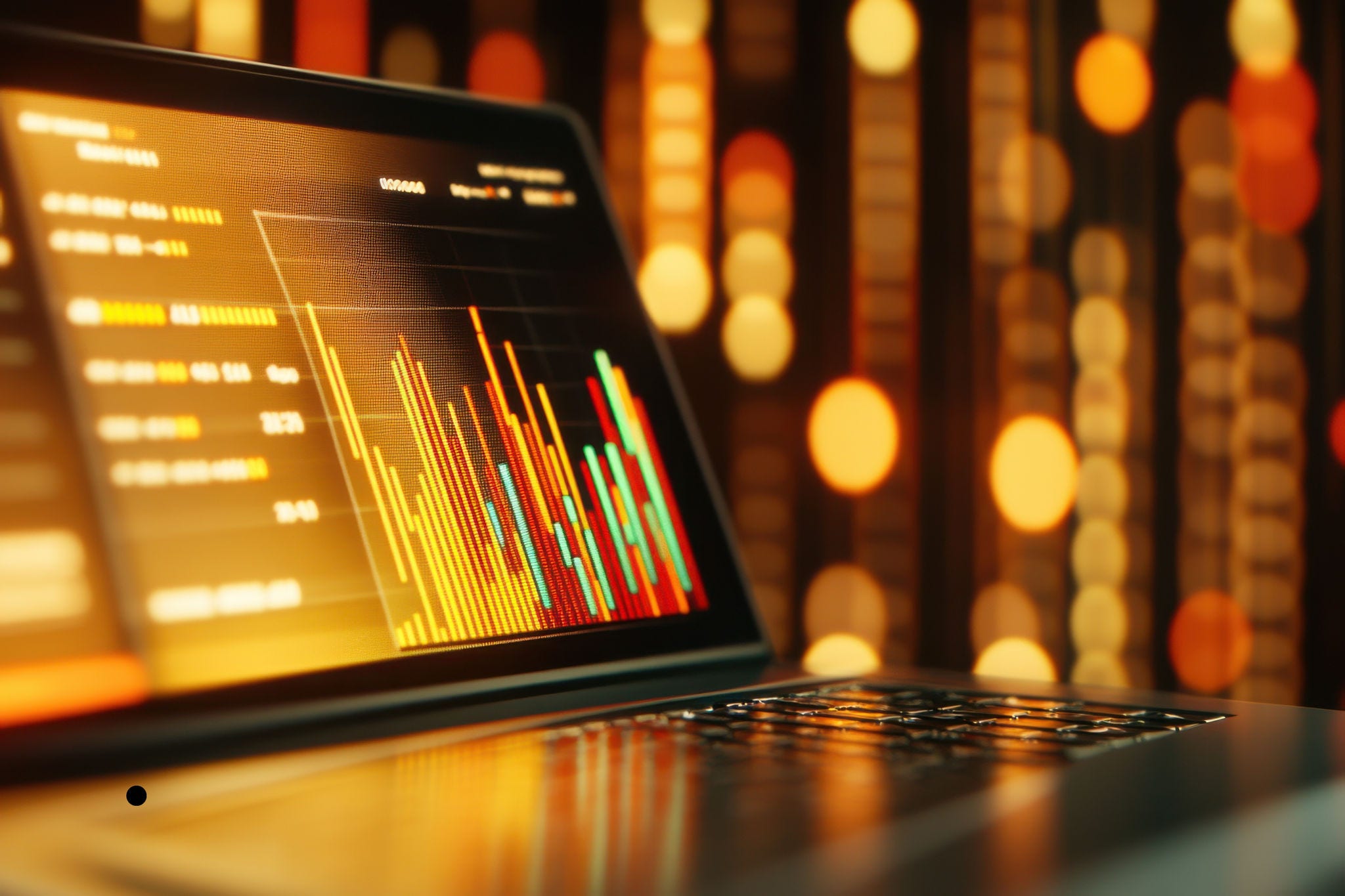 A close-up view of a laptop showcasing dynamic data visualizations with colorful bars and graphs, set against a warm ambient background of glowing lights, indicating a modern workspace at night.