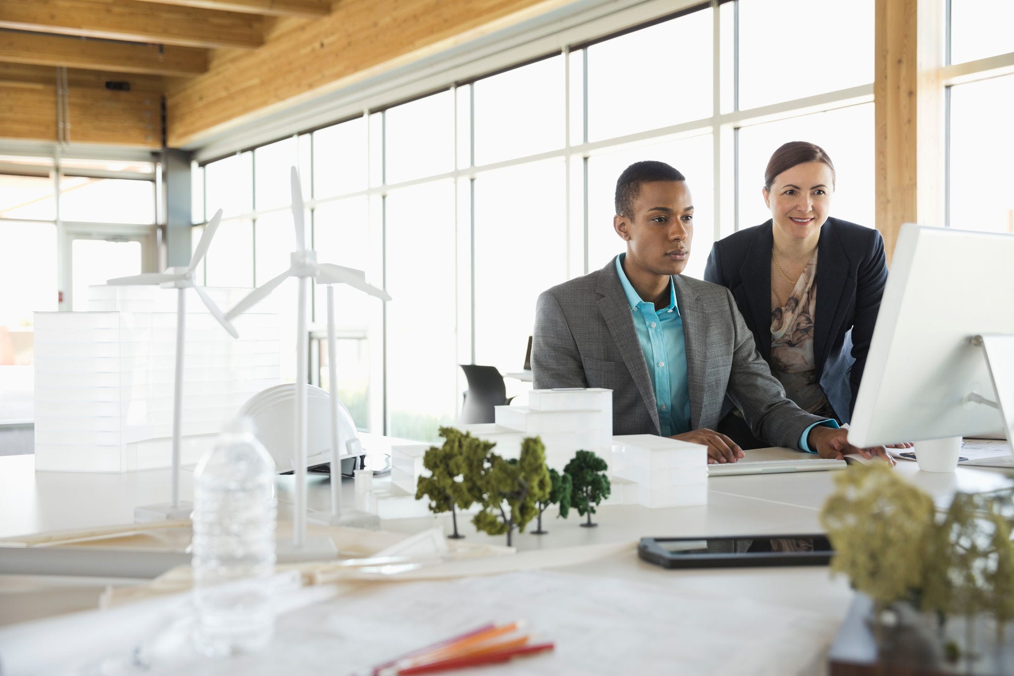 Sustainable energy engineers collaborating