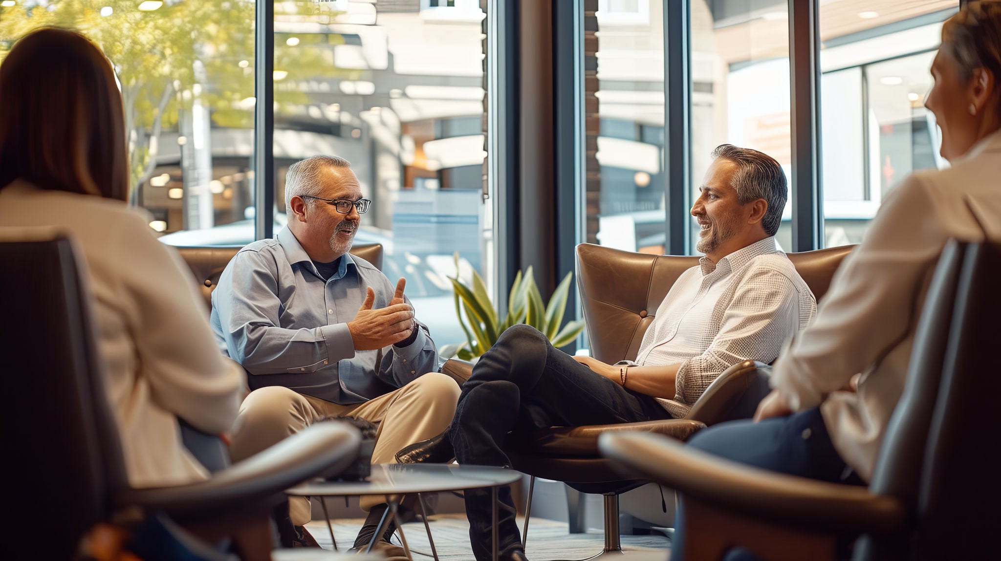 Insurance agent meeting with clients in a cozy office setting, with comfortable seating arrangements and a warm ambiance