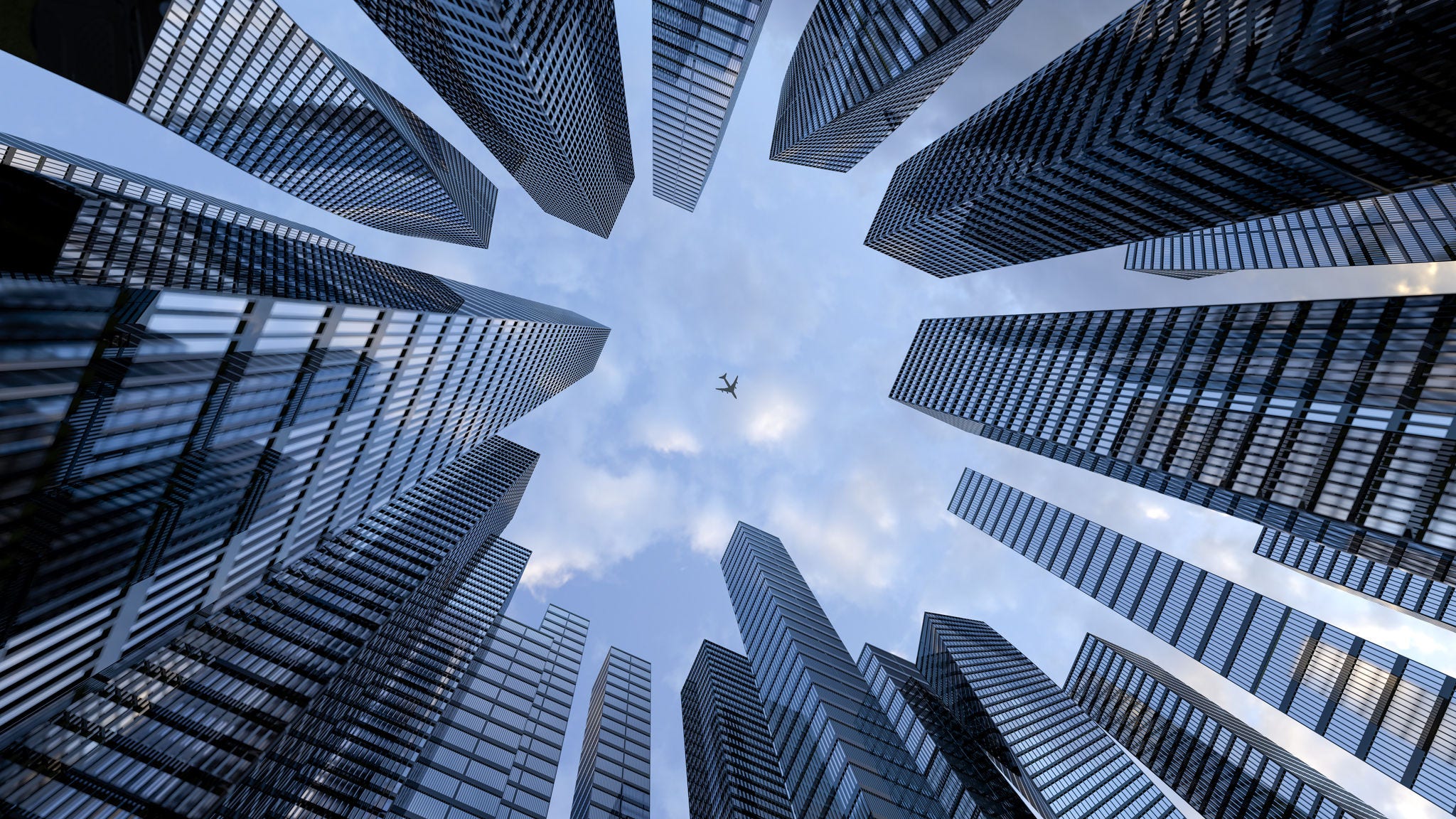 Perspective view to steel light blue of glass high rise building skyscraper city of future and airplane. Business and travel concept of industry tech architecture. 3d rendering. 3d illustration