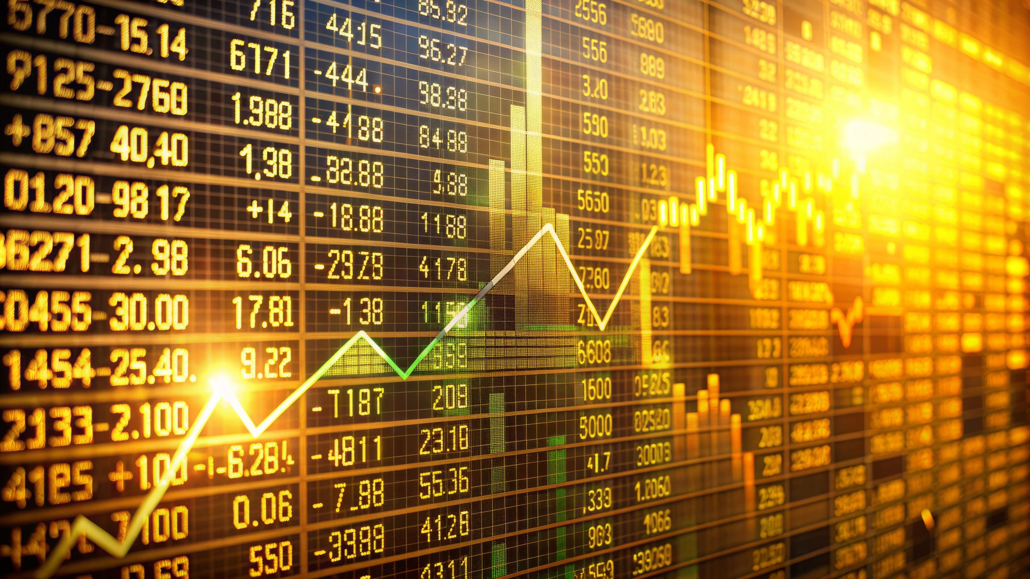 A sleek, modern digital stock market board displays rising stocks and profits, bathed in warm, golden light, conveying success and growth.