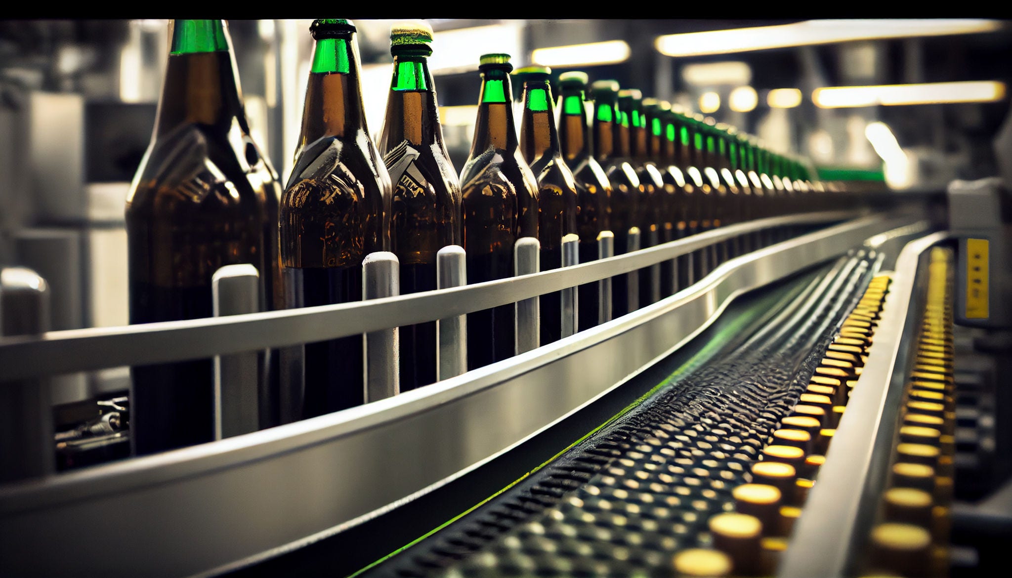 Beer bottles filling on the conveyor belt in the brewery factory. Ai generative