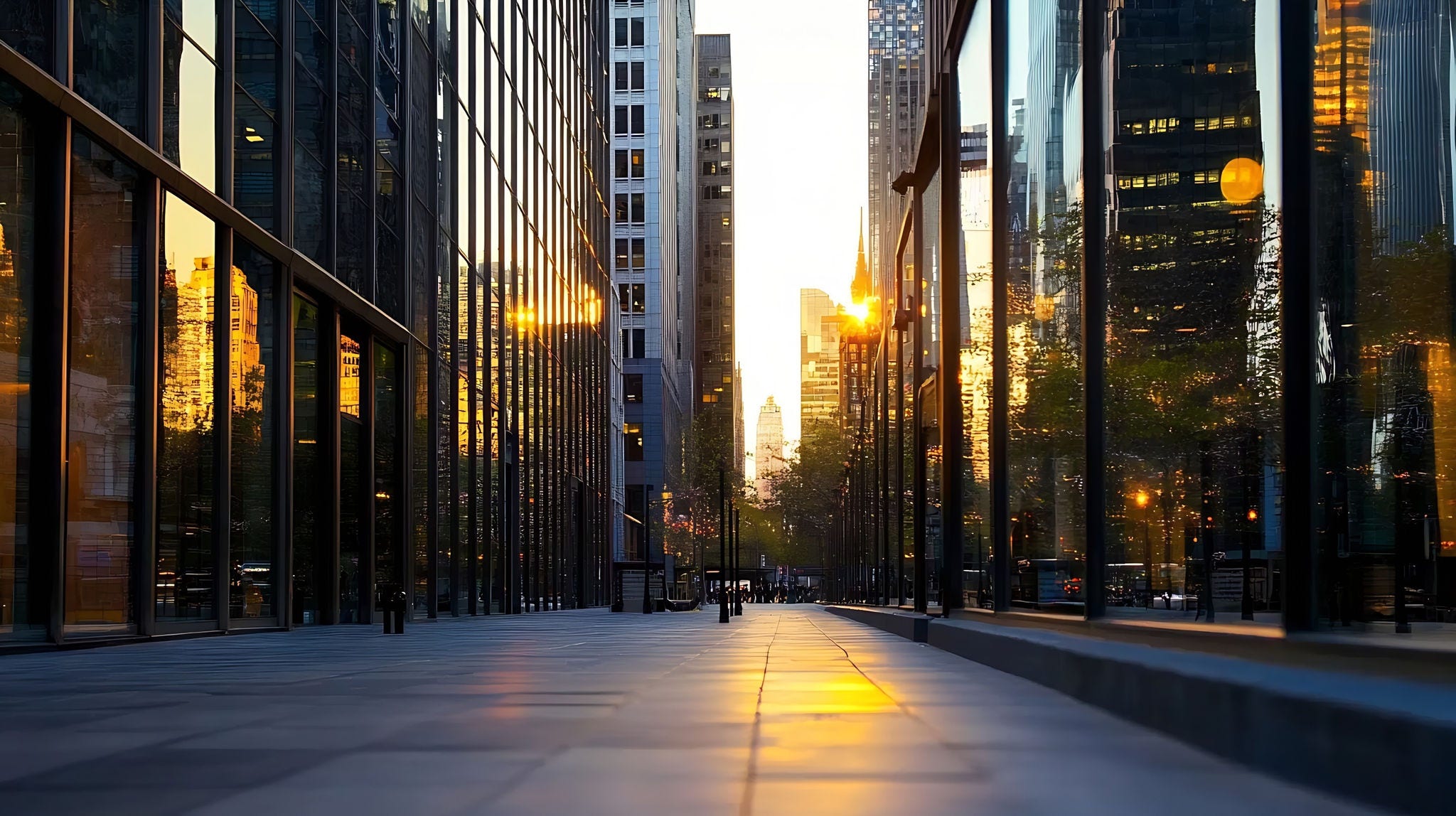 Stunning sunset reflection in urban skyline with skyscrapers and glass surfaces illuminated by warm light : Generative AI