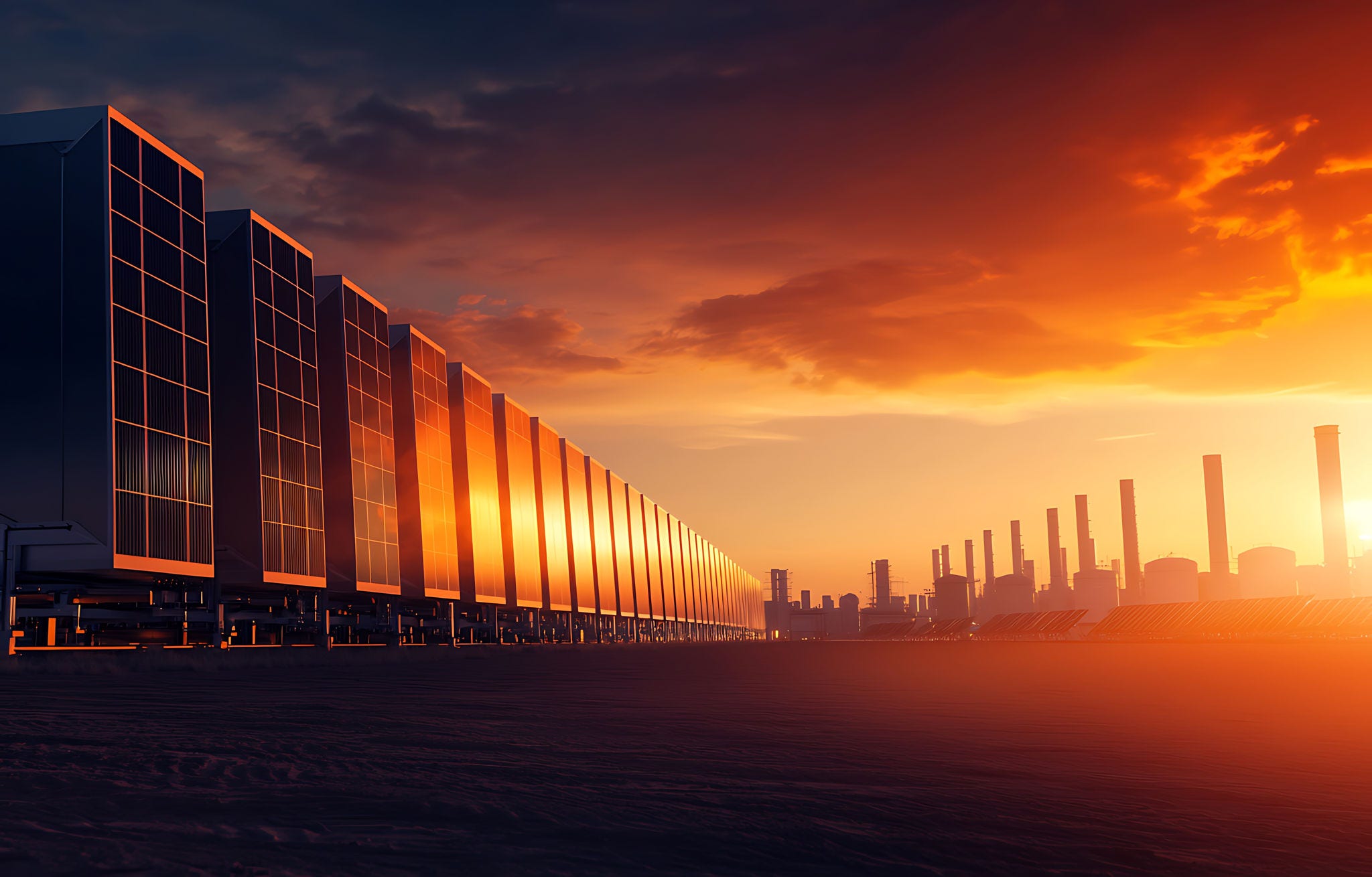 A stunning sunset view displaying rows of solar panels reflecting warm light against an industrial skyline, highlighting renewable energy solutions.