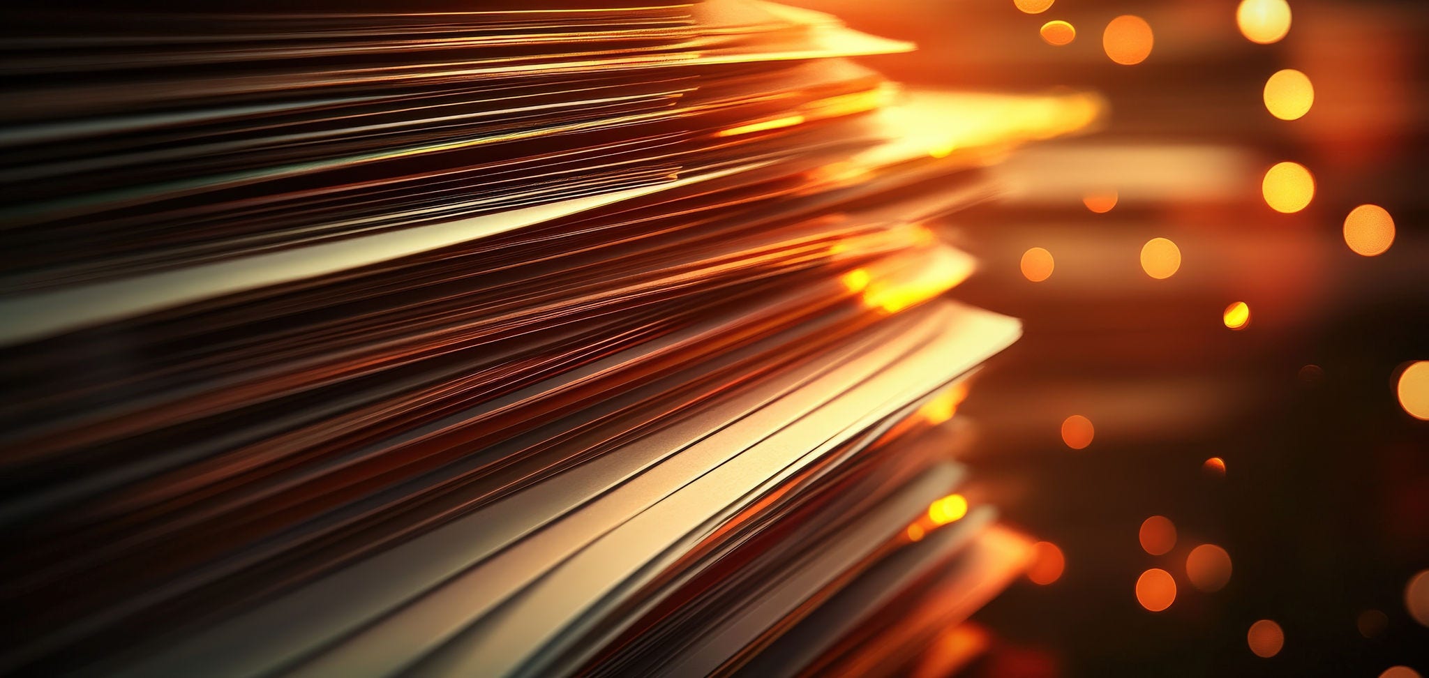 Stacked papers with warm bokeh background, symbolizing organization and productivity.