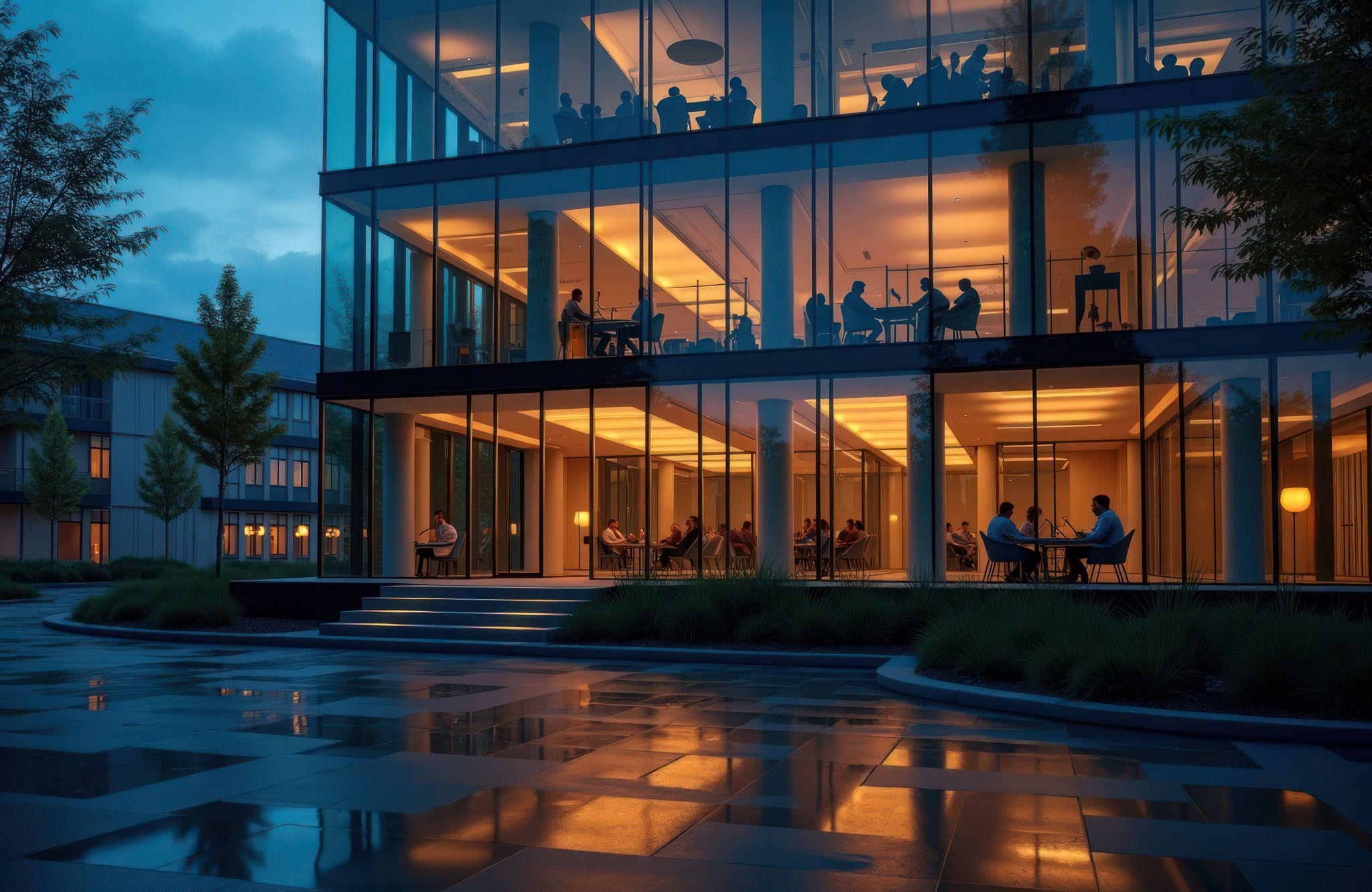 Contemporary glass building offices illuminated by warm lights. Employees work late. Teamwork, modern workplace atmosphere. Building modern design open layout. Nighttime scene. Business people.
