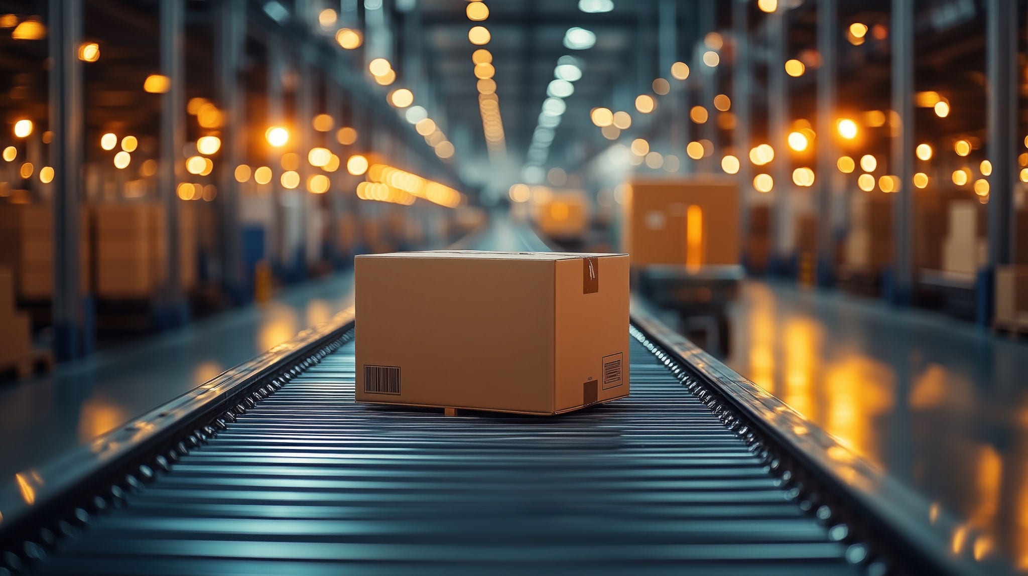A single cardboard box sits on a conveyor belt in a busy distribution center, illuminated by warm lights. The scene emphasizes logistics and efficiency in modern warehousing.