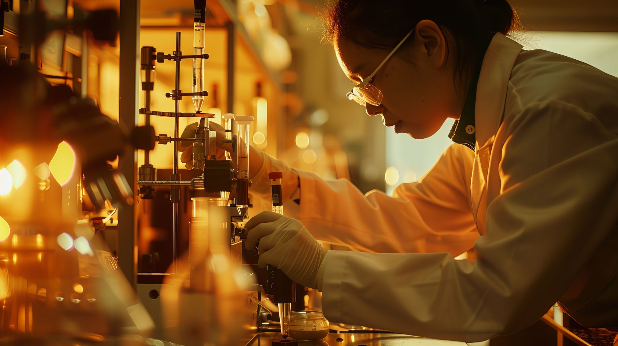A photograph of a scientist conducting an experiment with a spectrometer with a lab background during the afternoon with warm lighting and shot with an 85mm lens, close-up shot, shot with a Sony A7R III, using a Sony FE 85mm f/1.4 GM lens, scientific style, realistic photo --no logo,brand --ar 16:9 Job ID: 7df03b2a-ea75-4f1c-8d3a-be3fd861b018