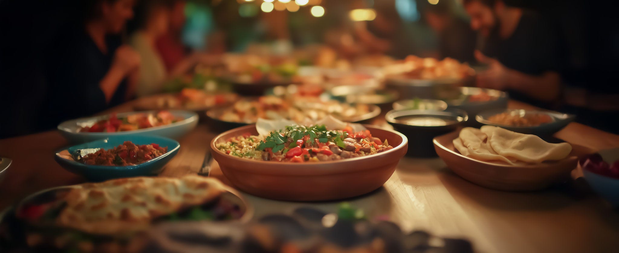 A vibrant display of various dishes on a long wooden table, with diverse people gathering around, enjoying a warm and inviting meal.