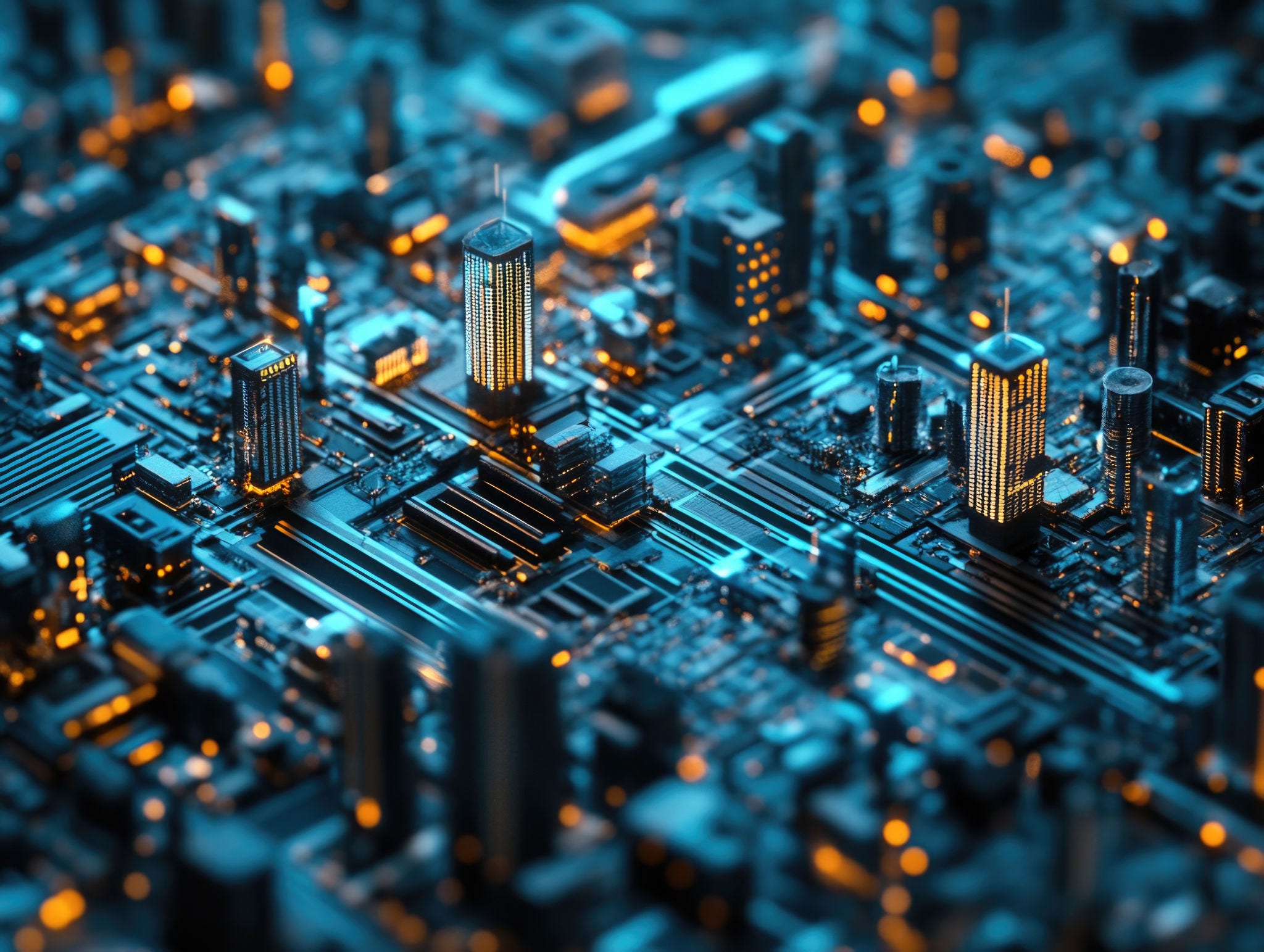 An image showcasing a dense urban scene with advanced technology and infrastructure, characterized by a grid-like pattern of buildings, illuminated streetlights, and towering skyscrapers. The city is rendered in vibrant hues, predominantly blue, contrasting with the warm glow from the lights.