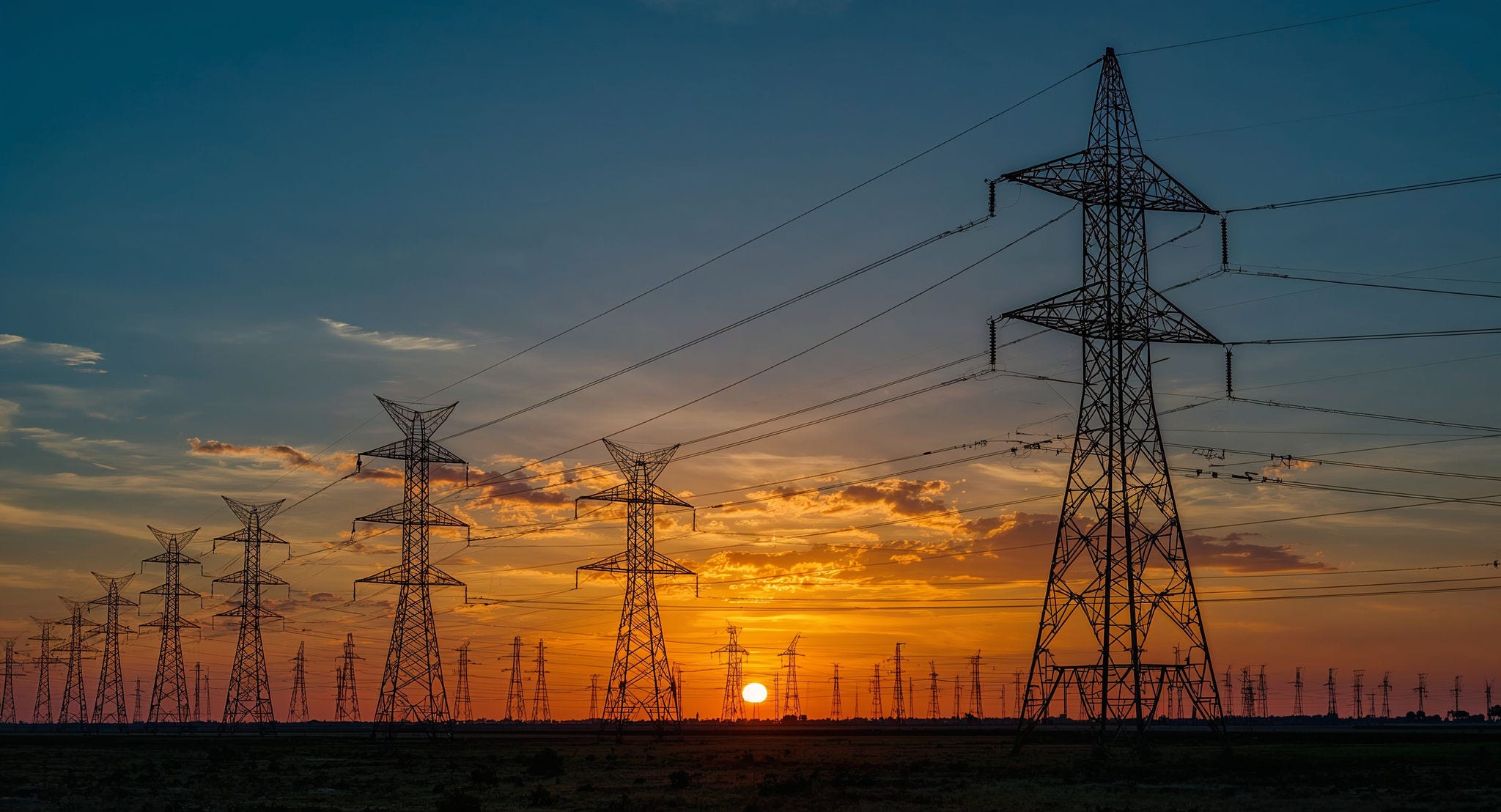 The silhouette of a power grid with high-voltage electricity towers stretching across the landscape during a vibrant sunset