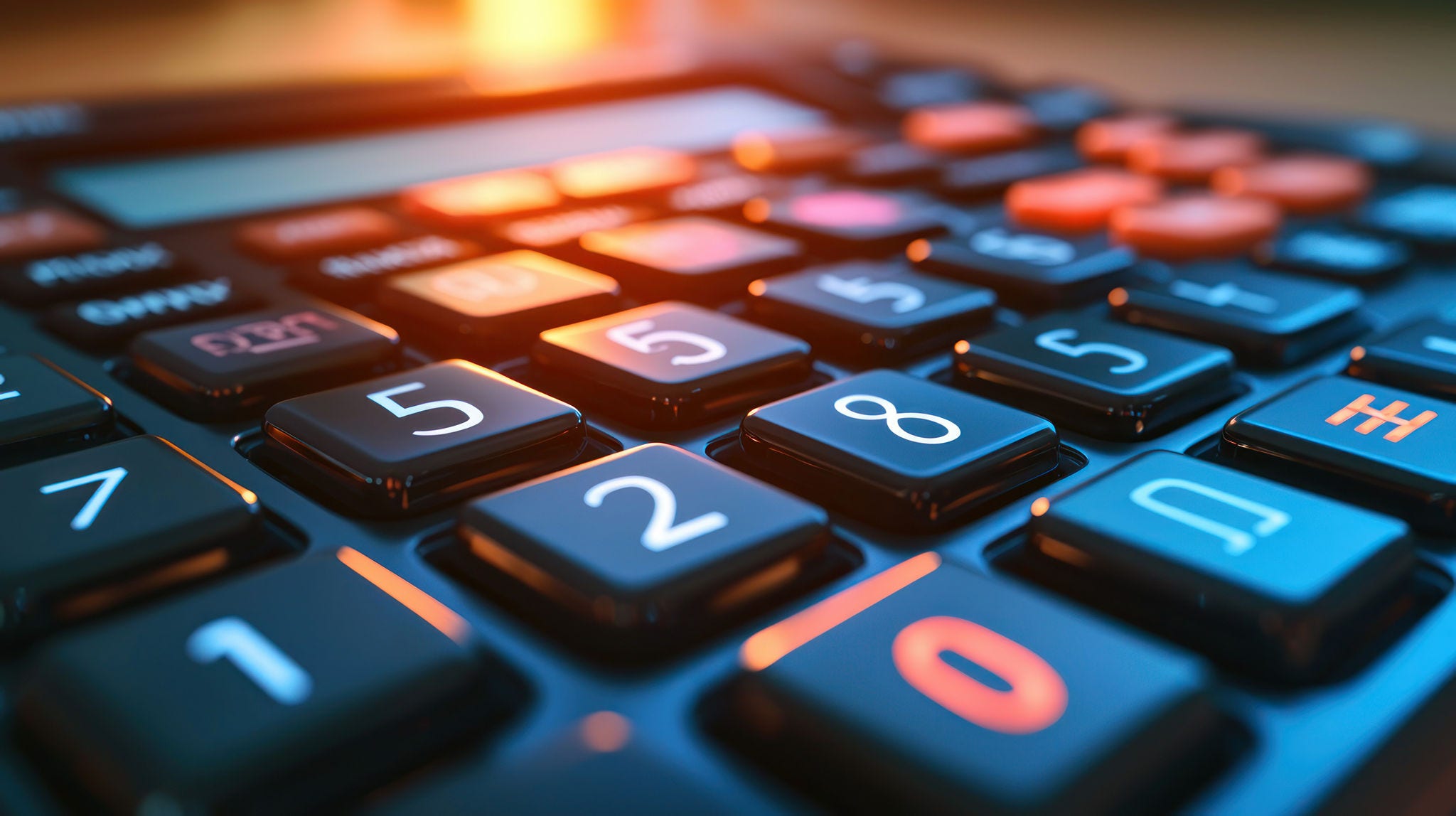 Close-up calculator keys, warm light, blurred background, for finance visuals